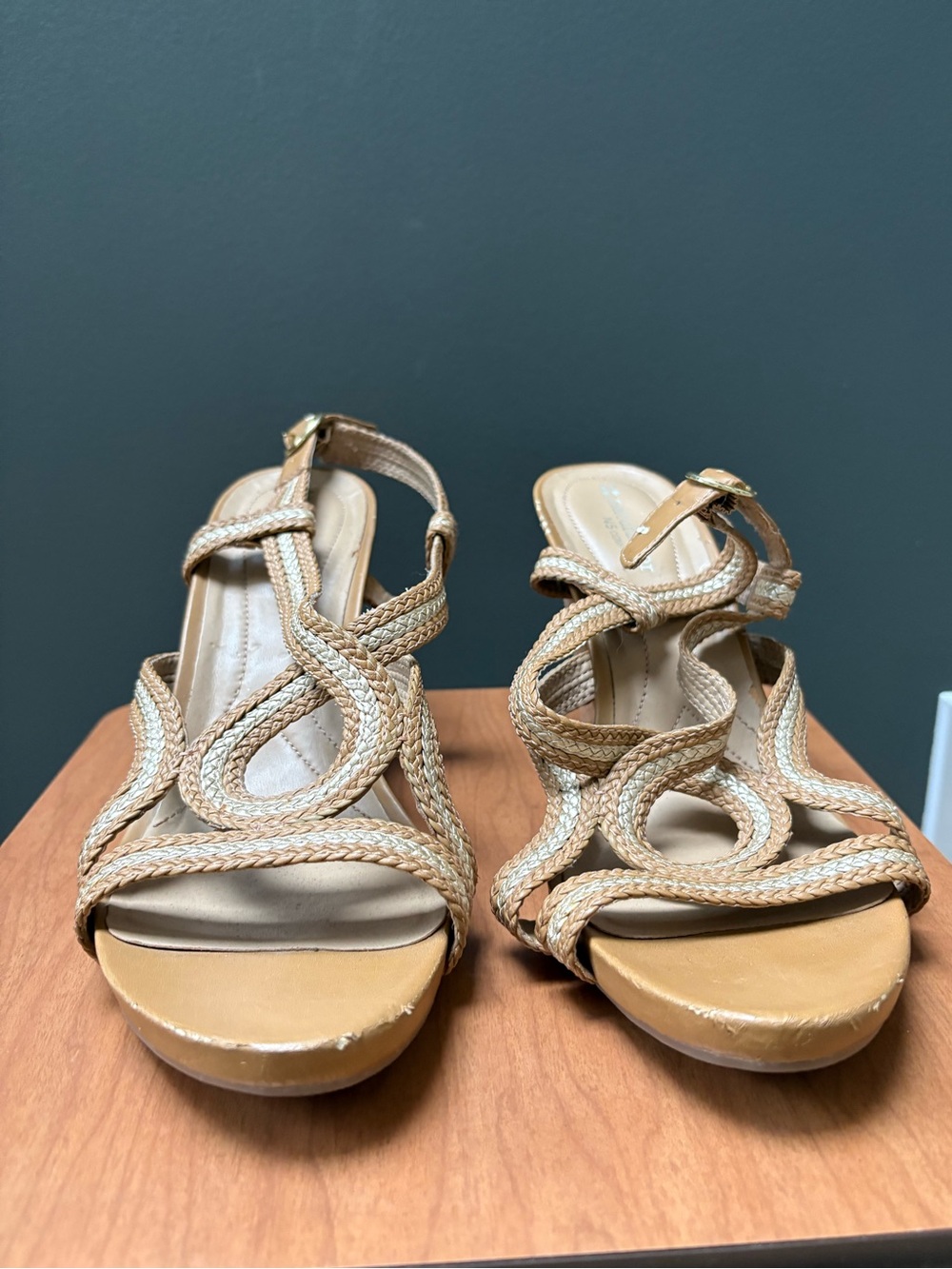 Naturalized Braided Strap wedge Sandals in Beige